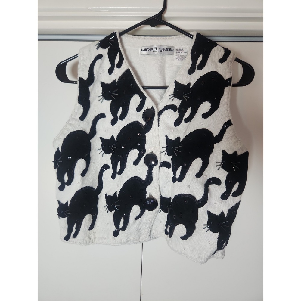 Vintage Michael Simon Black Cats Knit Vest Women's Small White/Black Halloween - Picture 2 of 12